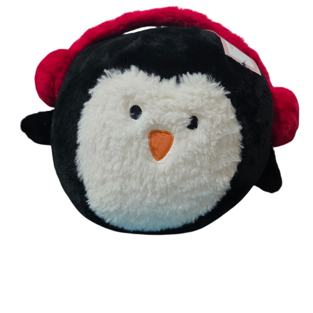 Cupcakes and Cashmere Penguin Plush Pillow Faux Fur Red Earmuffs 10in Holiday